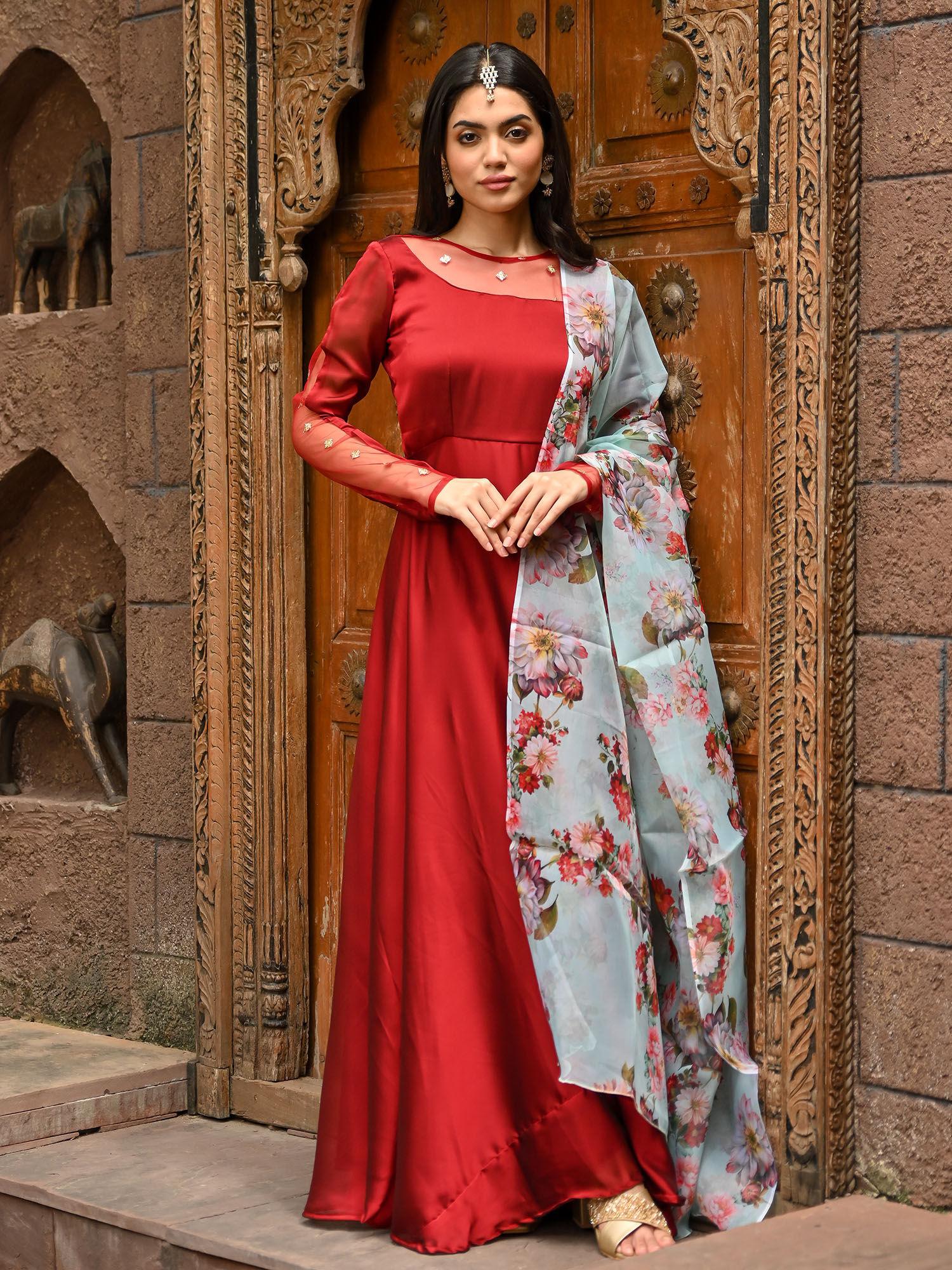 maroon silk fit and flare dress with floral organza dupatta (set of 2)