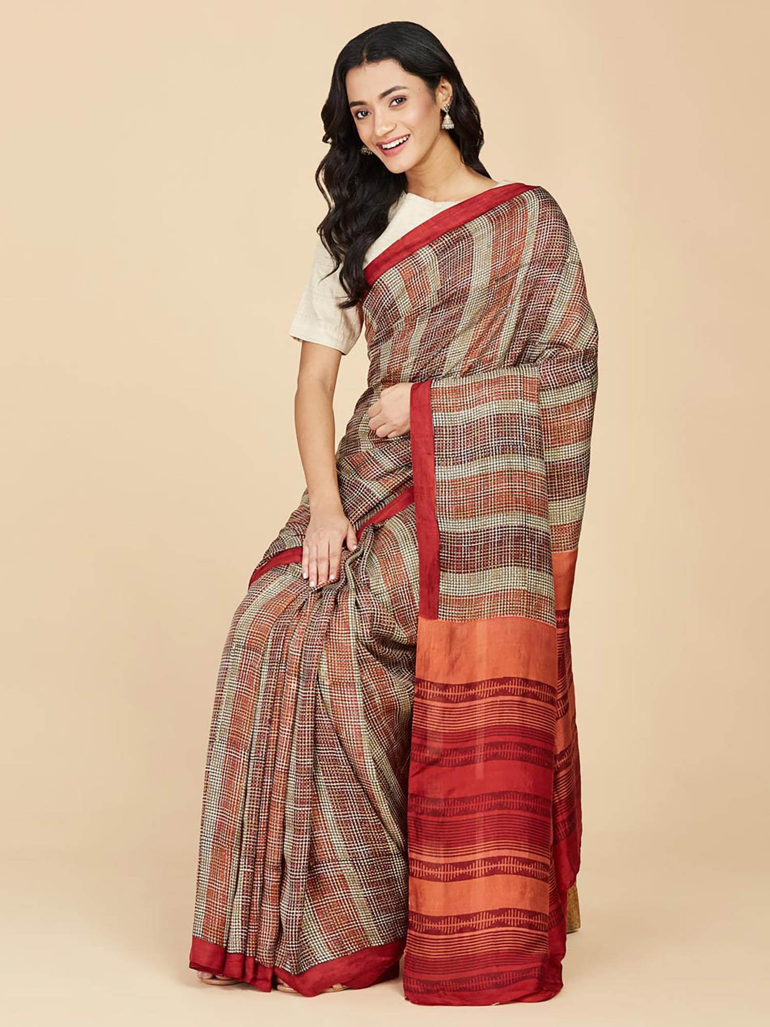 maroon silk hand block printed saree without blouse