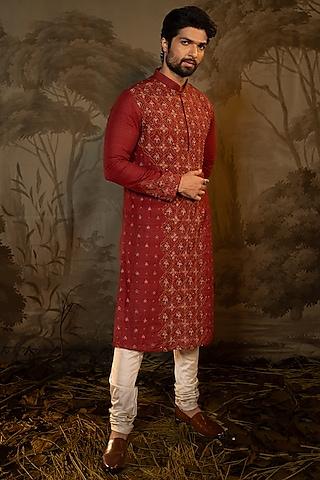 maroon silk hand embroidered kurta set