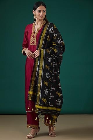 maroon silk hand embroidered kurta set