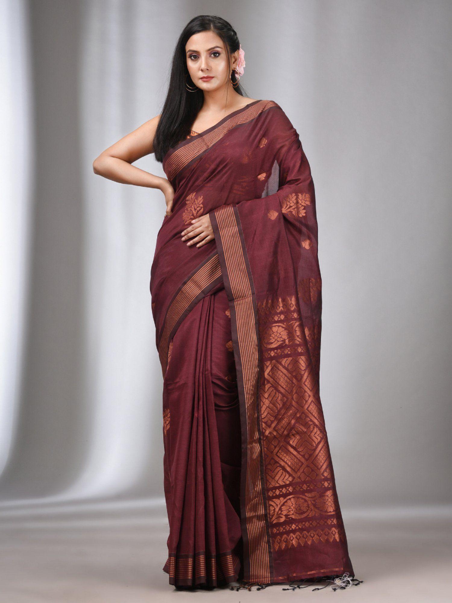 maroon silk matka handwoven saree with stripes zari border with unstitched blouse