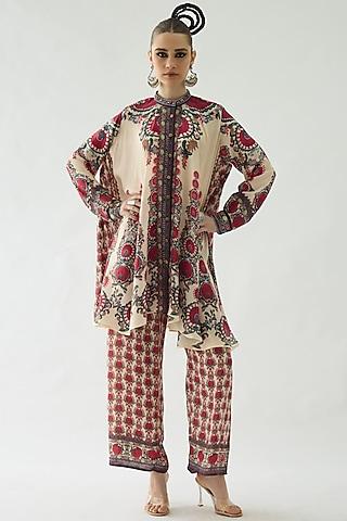 maroon silk printed tunic set