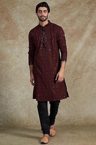 maroon silk rayon embroidered kurta set
