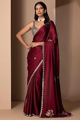 maroon silk satin rhinestone embellished saree set
