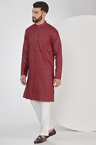maroon silk sequins embroidered chikankari kurta set