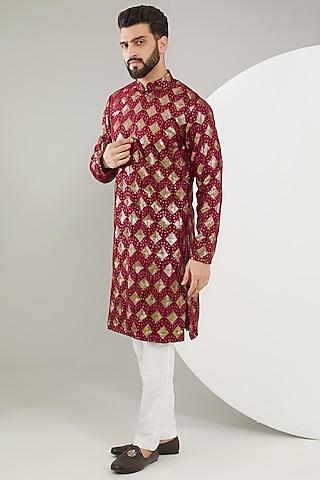 maroon silk thread embroidered chikankari kurta set