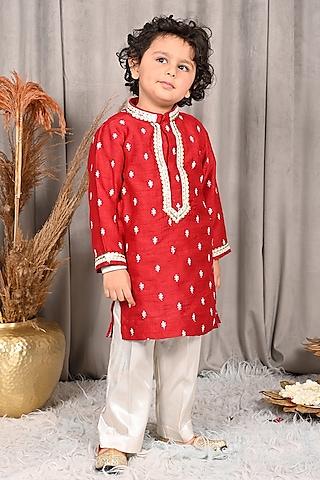 maroon silk thread embroidered kurta set for boys