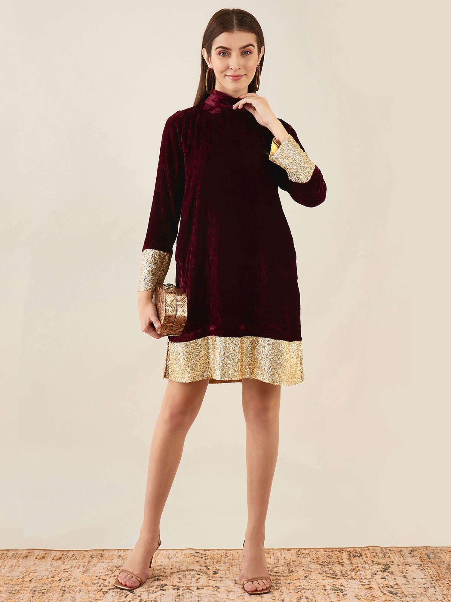 maroon silk velvet dress with gold sequin border