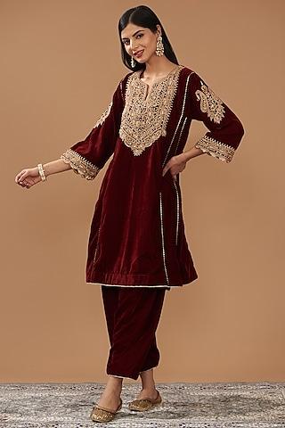 maroon silk velvet hand embroidered choga kurta set for girls