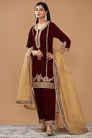 maroon silk velvet hand embroidered short kurta set for girls