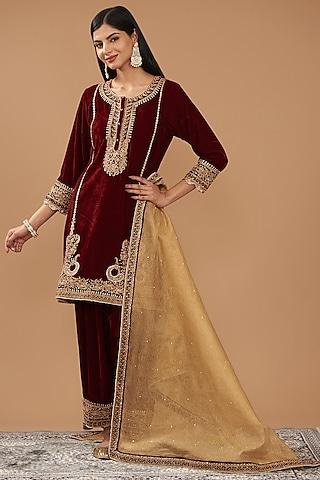 maroon silk velvet hand embroidered short kurta set for girls