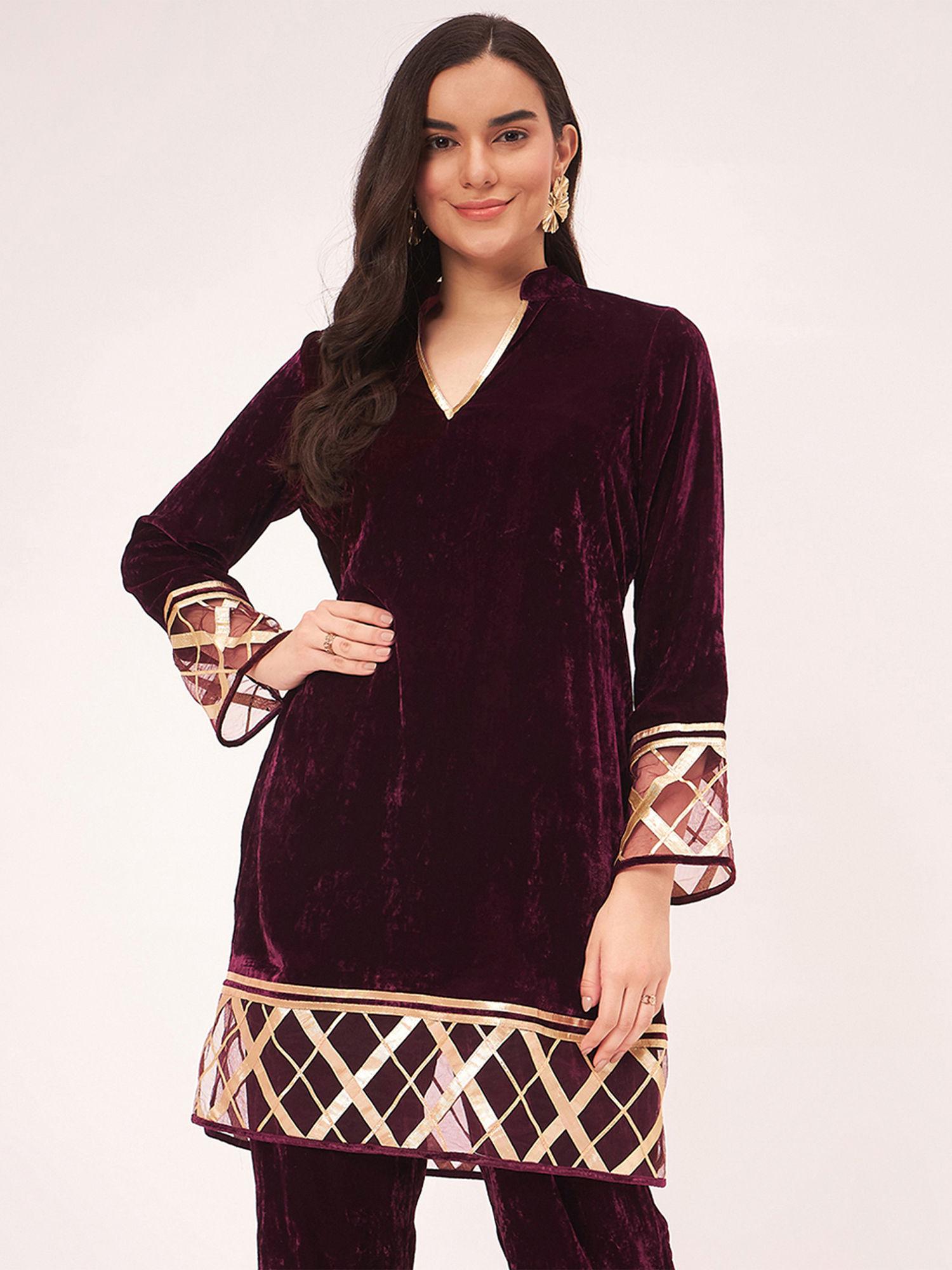 maroon silk velvet kurta with gota lace detail