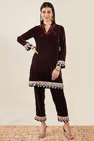 maroon silk velvet mirror lace embroidered kurta set