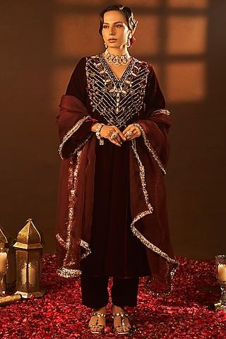 maroon silk velvet zardosi embroidered a-line kurta set