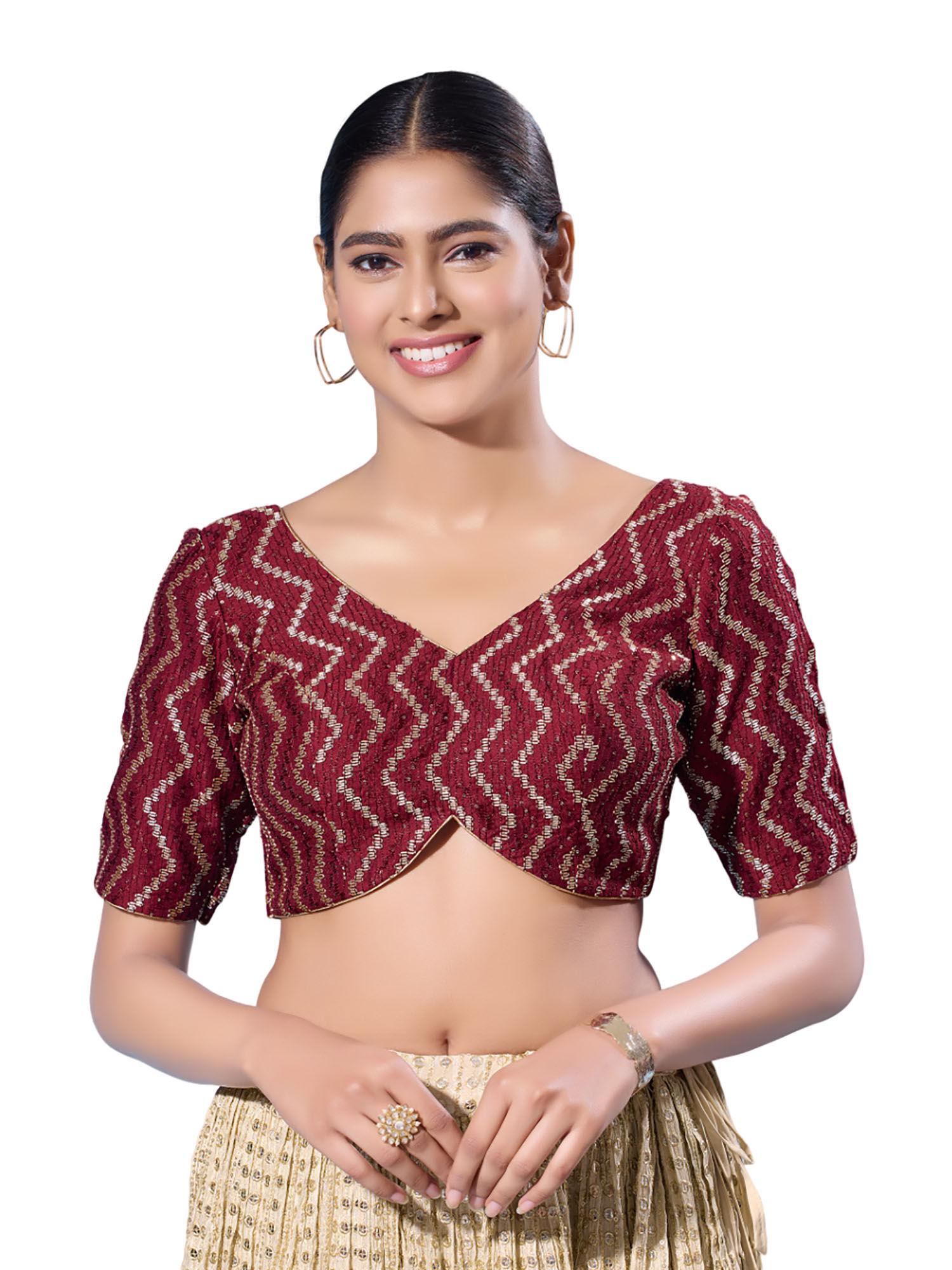 maroon silk woven design stitched blouse