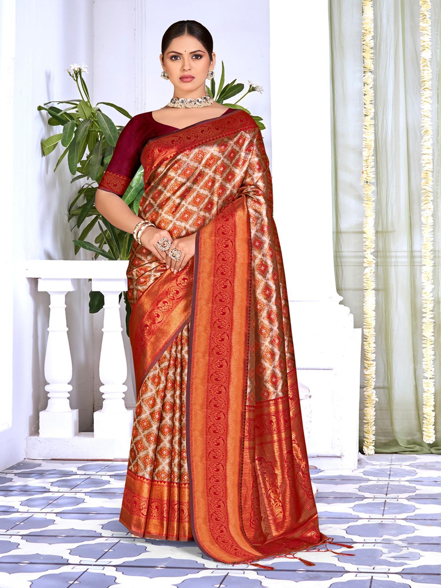 maroon silk woven work traditional saree with unstitched blouse