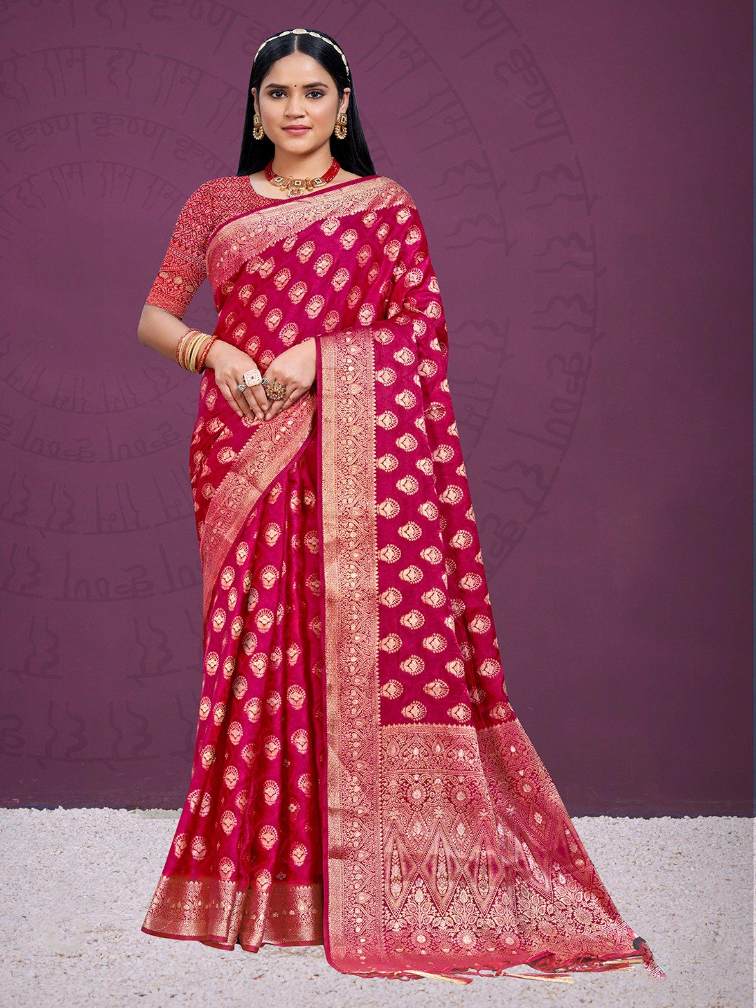 maroon silk woven work traditional saree with unstitched blouse