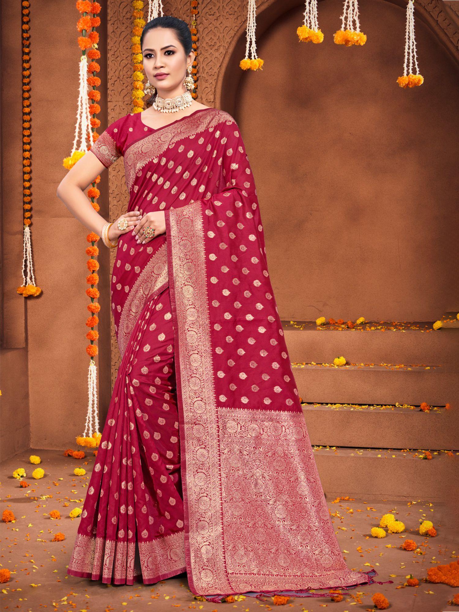 maroon silk woven work traditional tassels saree with unstitched blouse