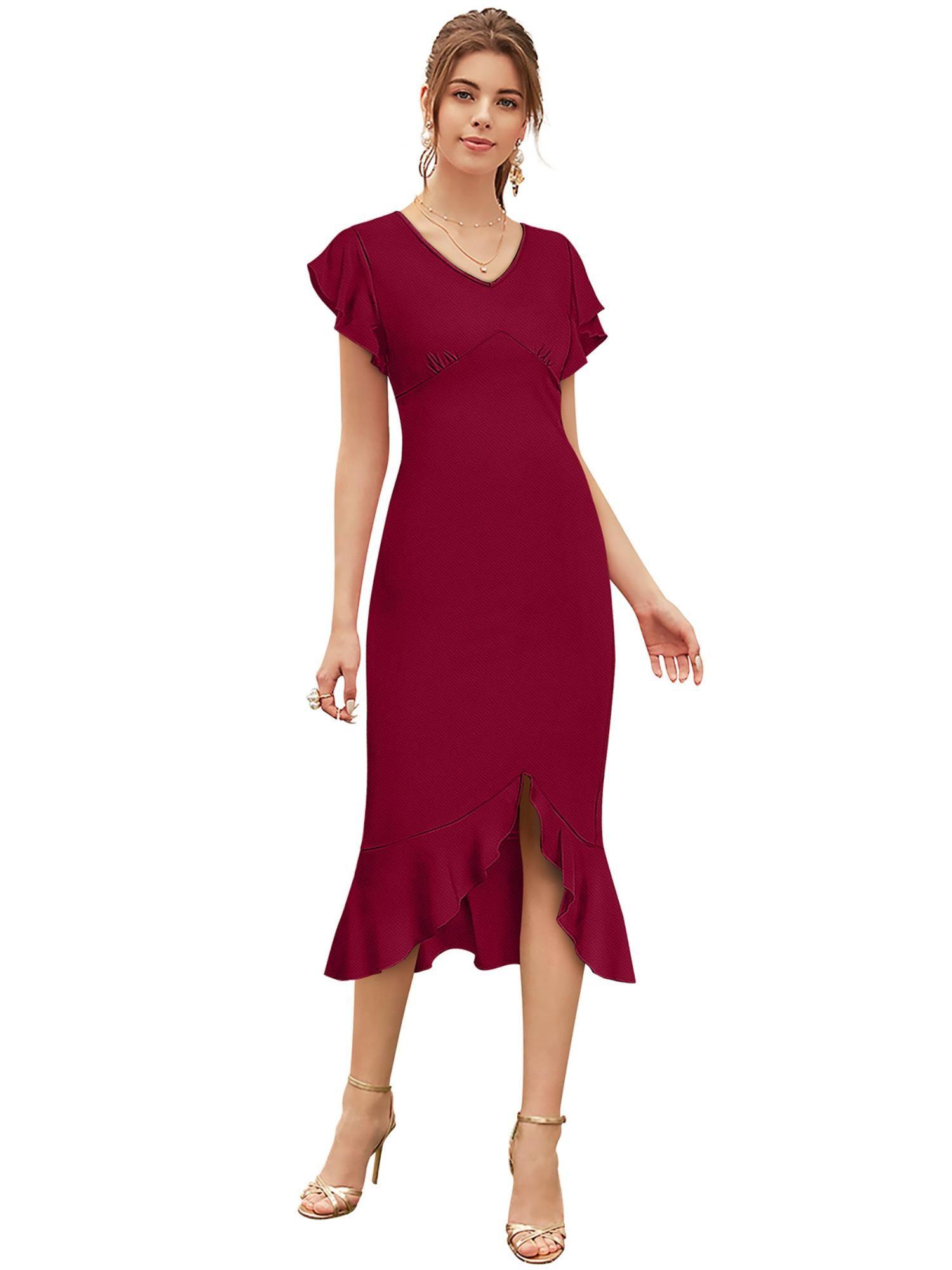 maroon skater knit fabric dress for women