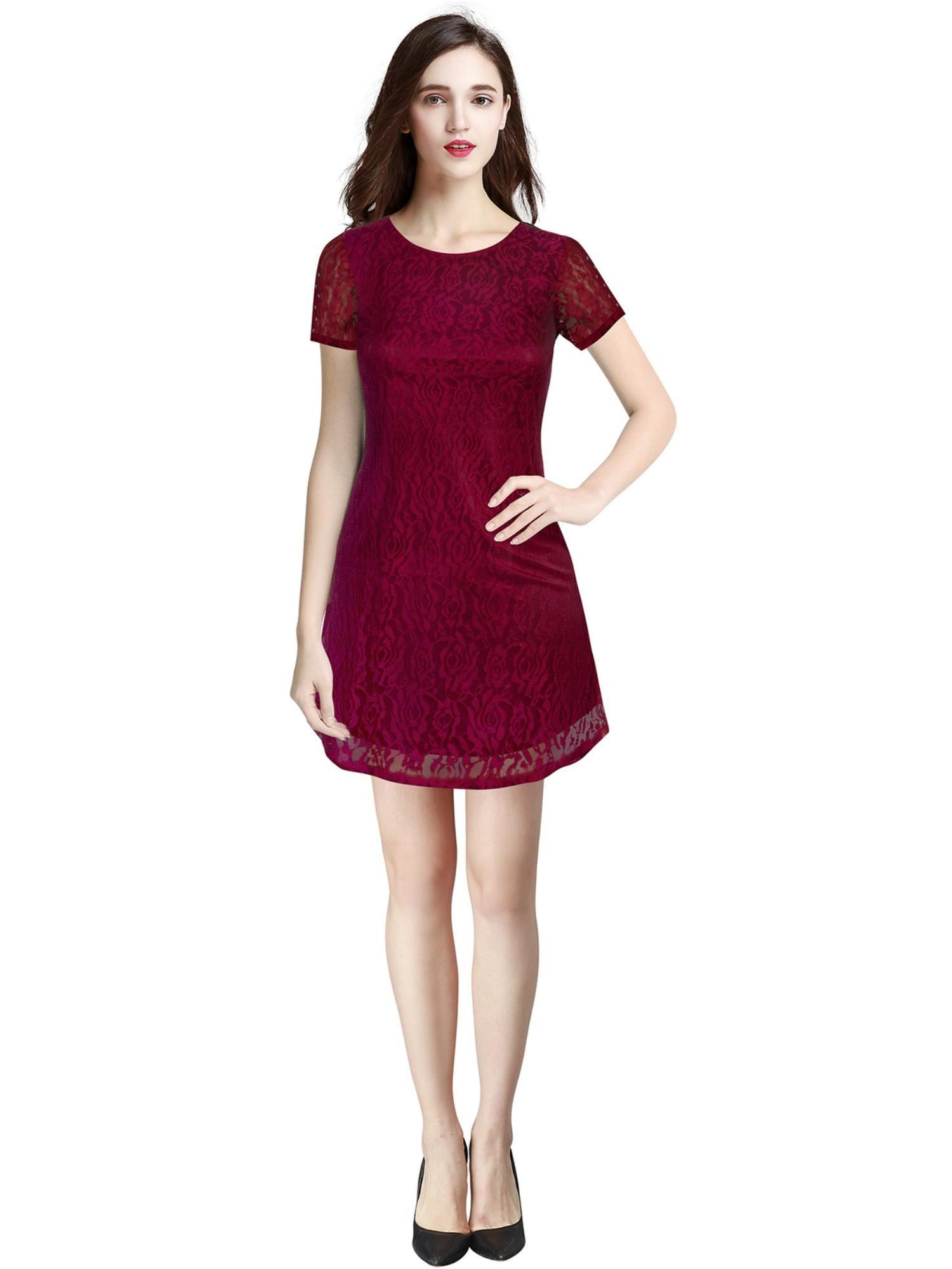 maroon skater knit fabric dress for women