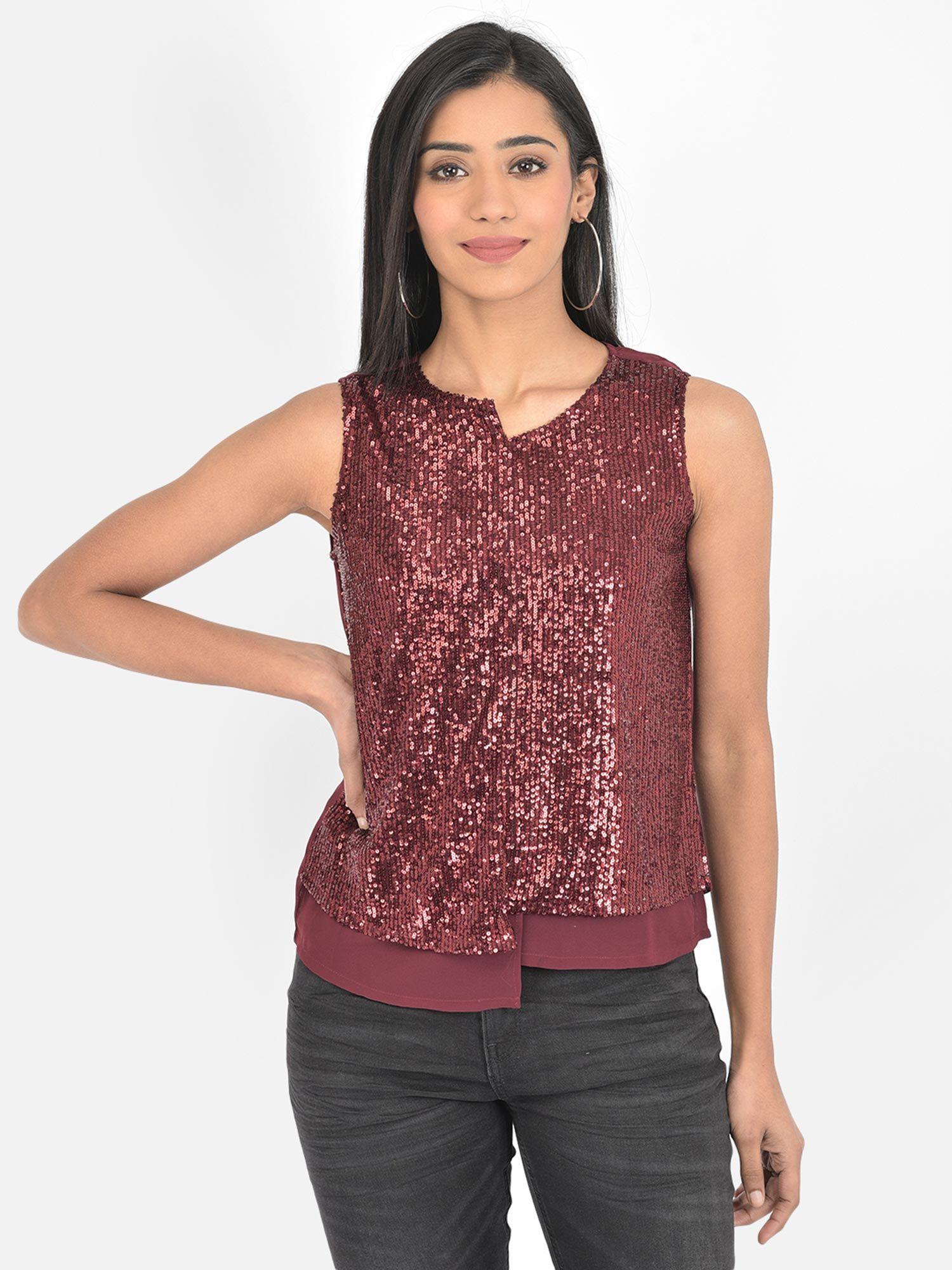 maroon sleeveless sequence solid blouse