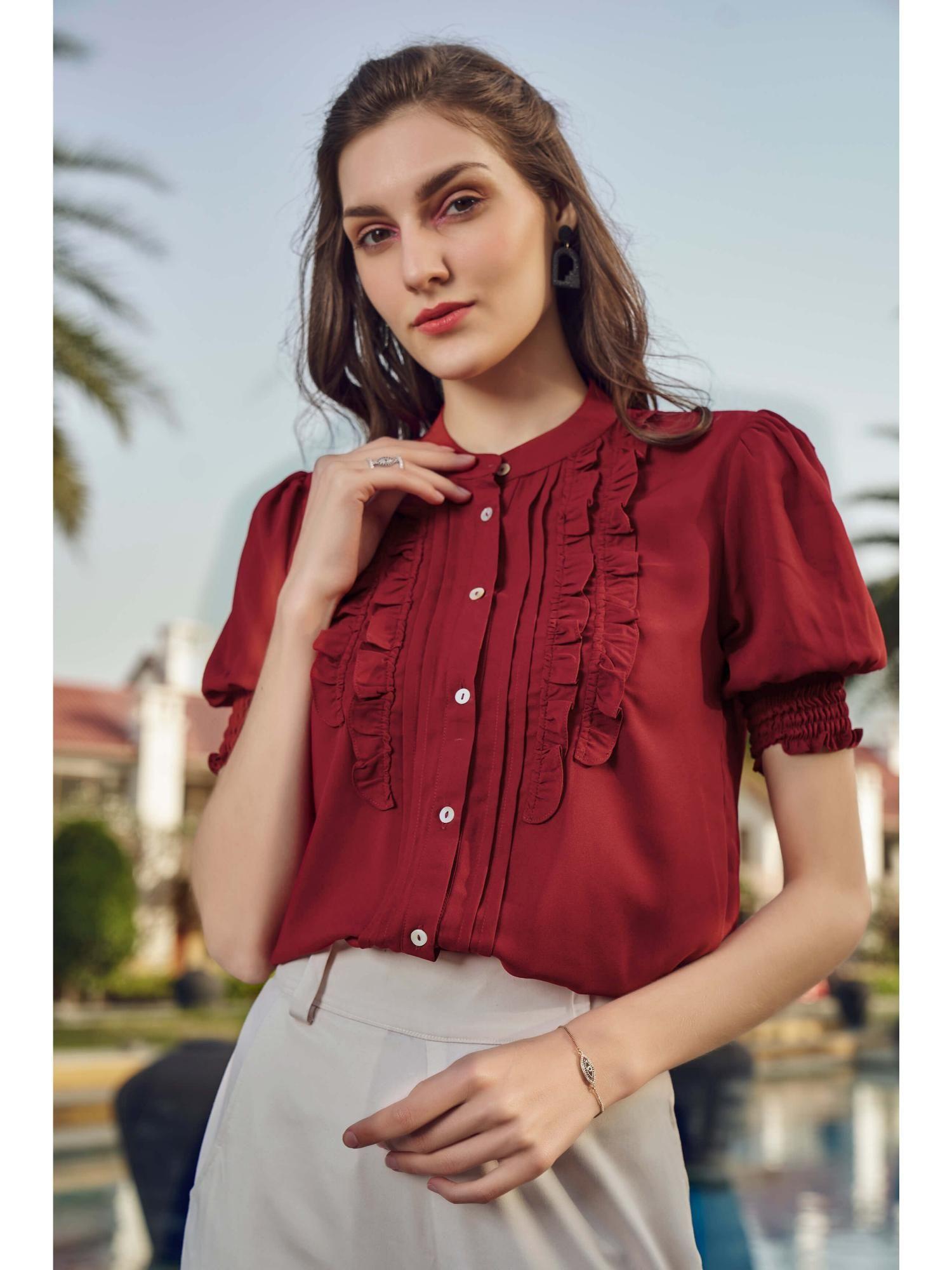 maroon smocked puff sleeve ruffle work top