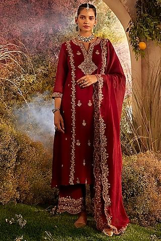 maroon soft chanderi hand embroidered kurta set