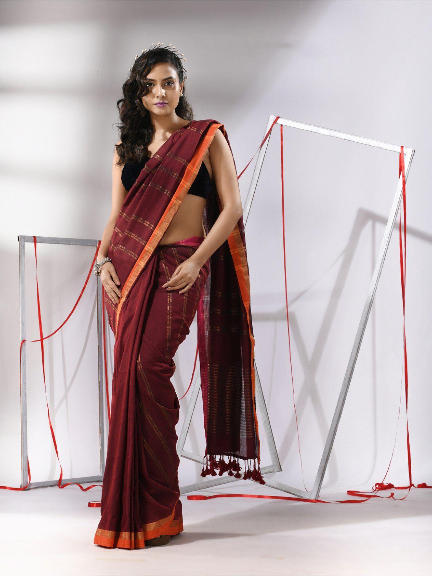 maroon soft cotton zari stripe designs saree with unstitched blouse