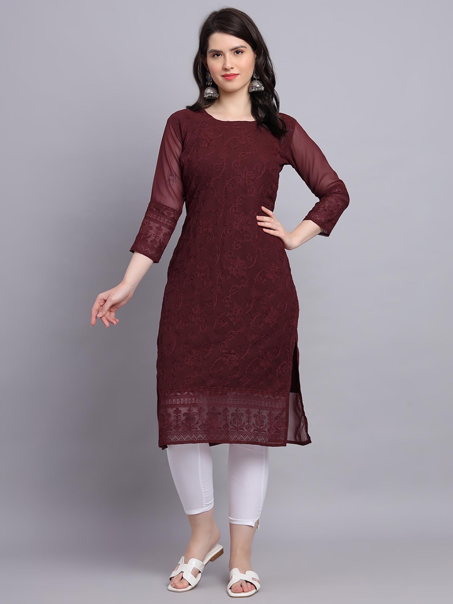 maroon soft georgette kurta lucknowi chikankari work straigh kurta