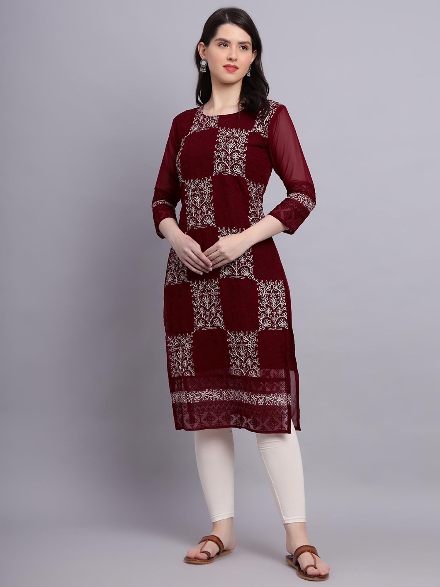 maroon soft georgette kurta with lucknowi chikankari work straigh kurtas