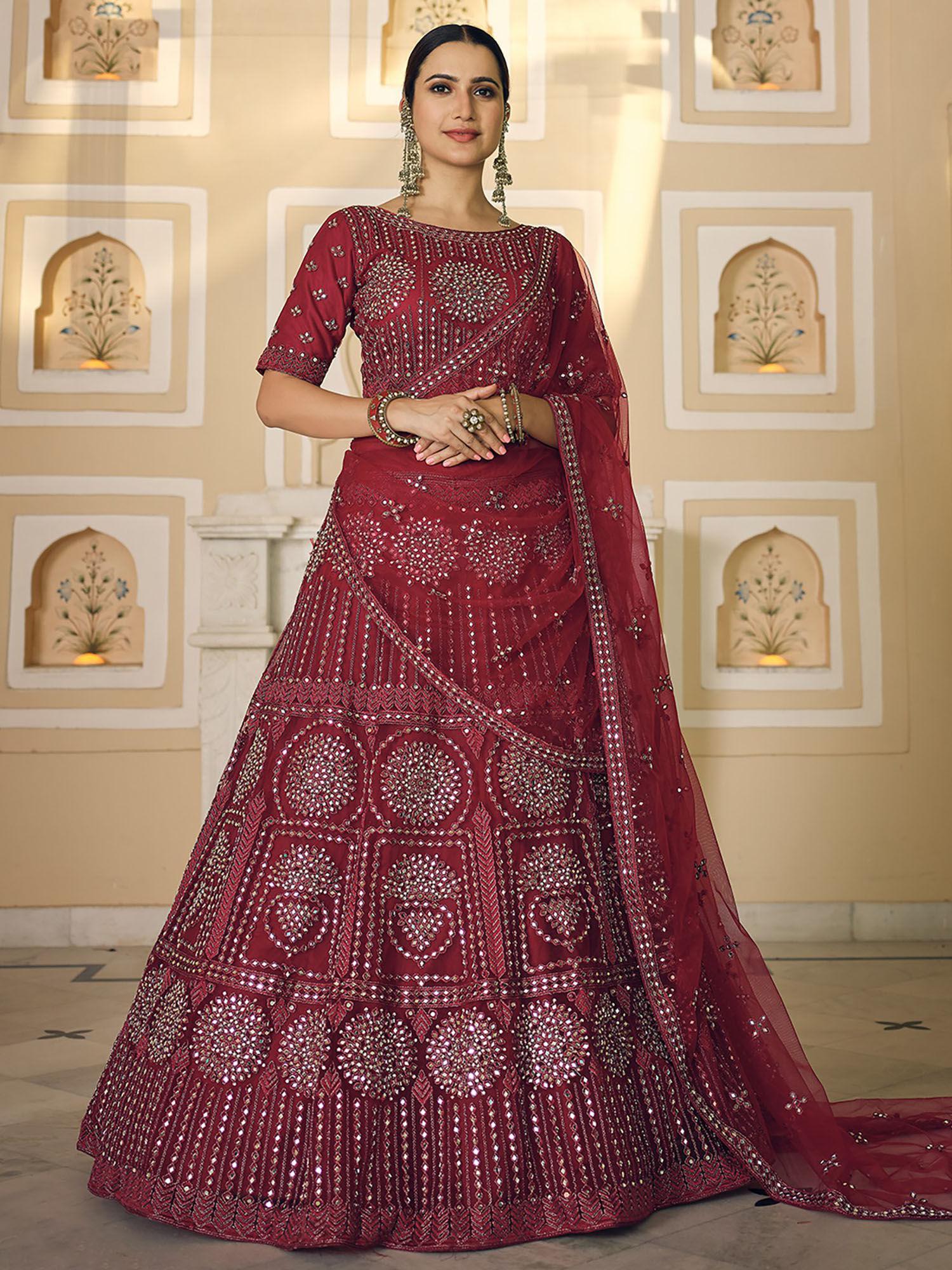 maroon soft net semi stitched lehenga with unstitched blouse (set of 3)