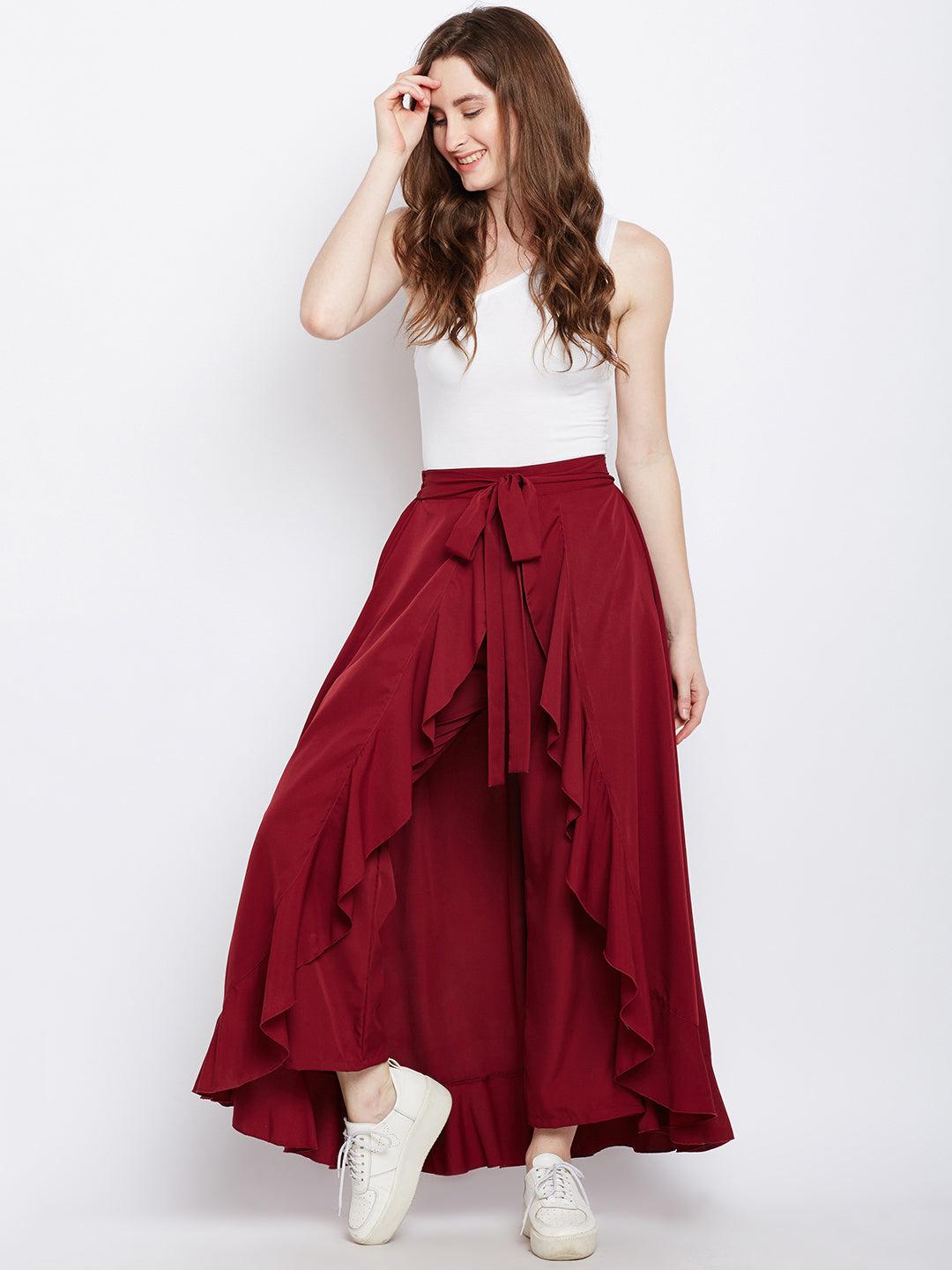 maroon solid  ruffled wrap maxi skirt with attached palazzo