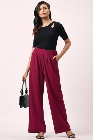 maroon solid ankle-length casual women regular fit trouser