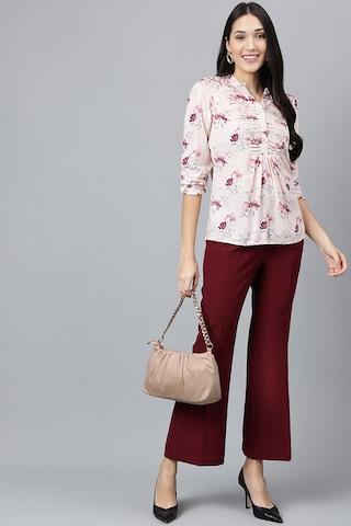 maroon solid ankle-length casual women regular fit trousers