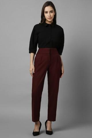 maroon solid ankle-length casual women regular fit trousers