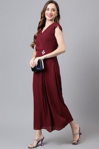 maroon solid ankle-length party women flared fit dress