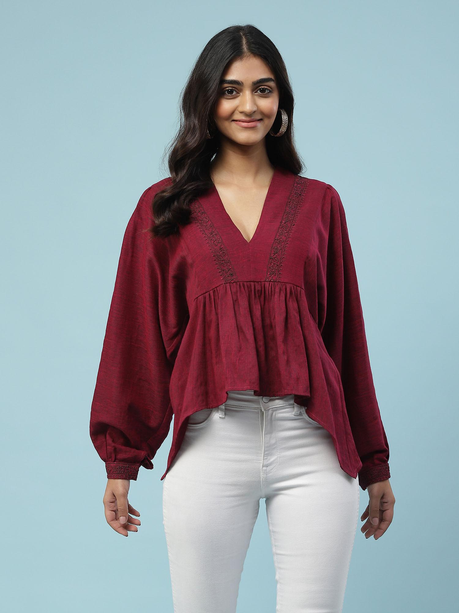 maroon solid asymmetrical hem top