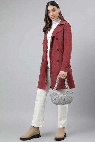 maroon solid casual full sleeves notch lapel women regular fit jackets