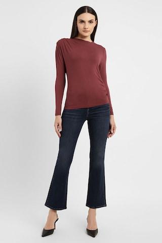 maroon solid casual full sleeves round neck women regular fit t-shirt