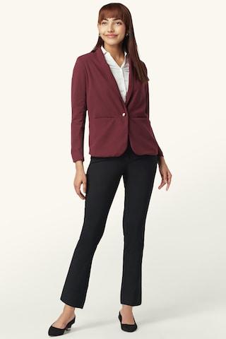 maroon solid casual full sleeves shawl collar women regular fit blazer