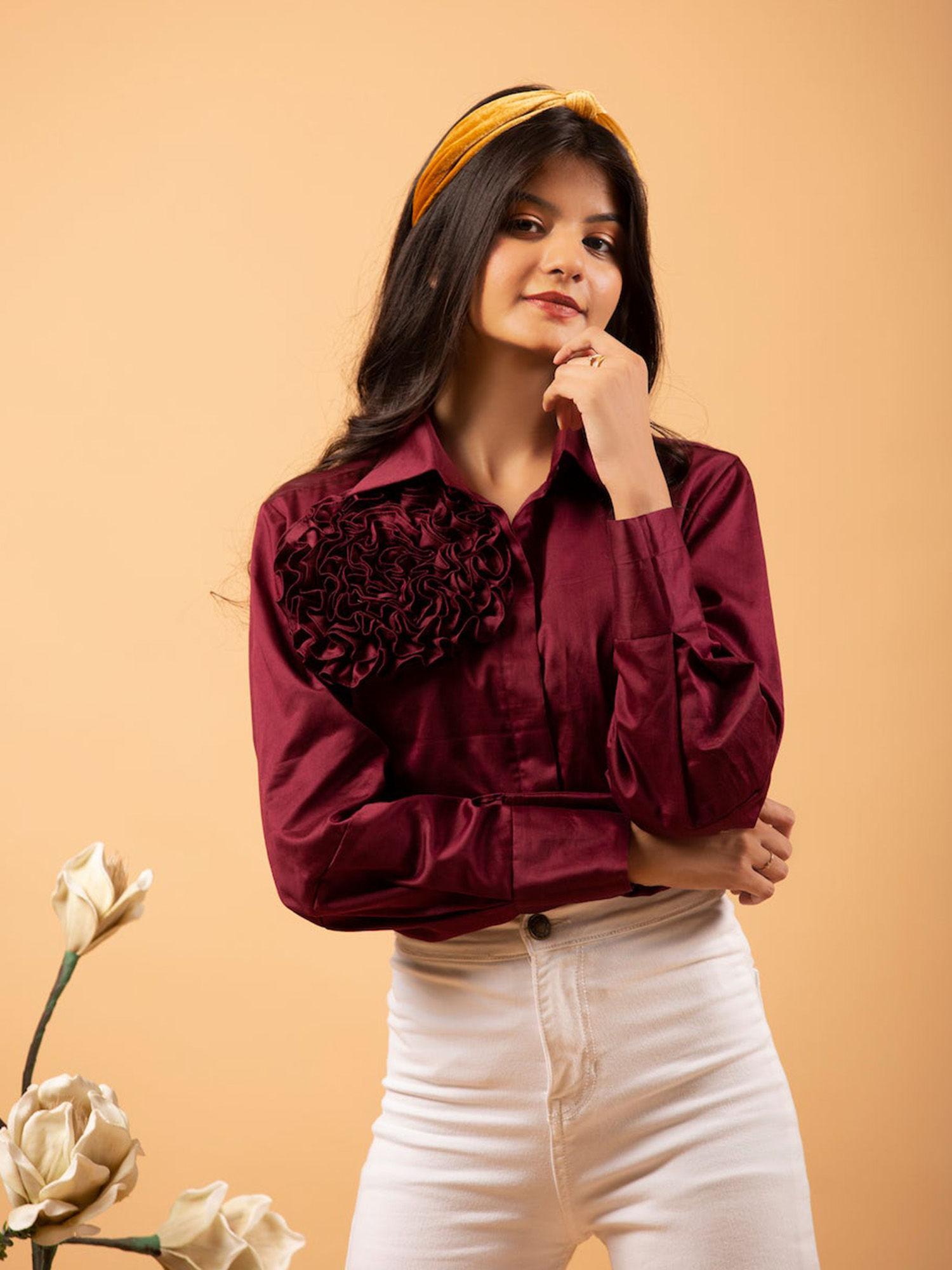 maroon solid corsage full sleeves shirt