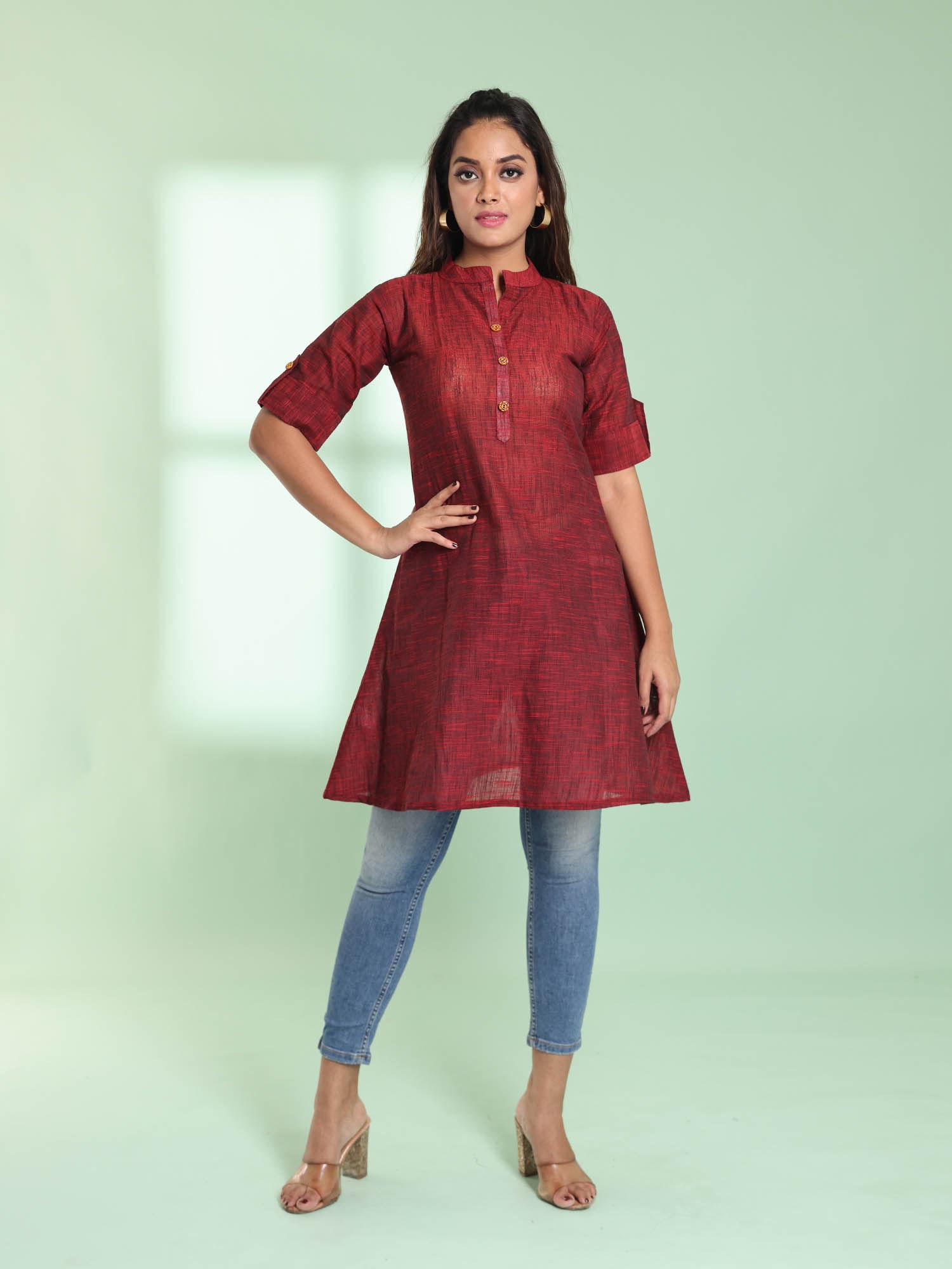 maroon solid cotton a-line short stitched kurta