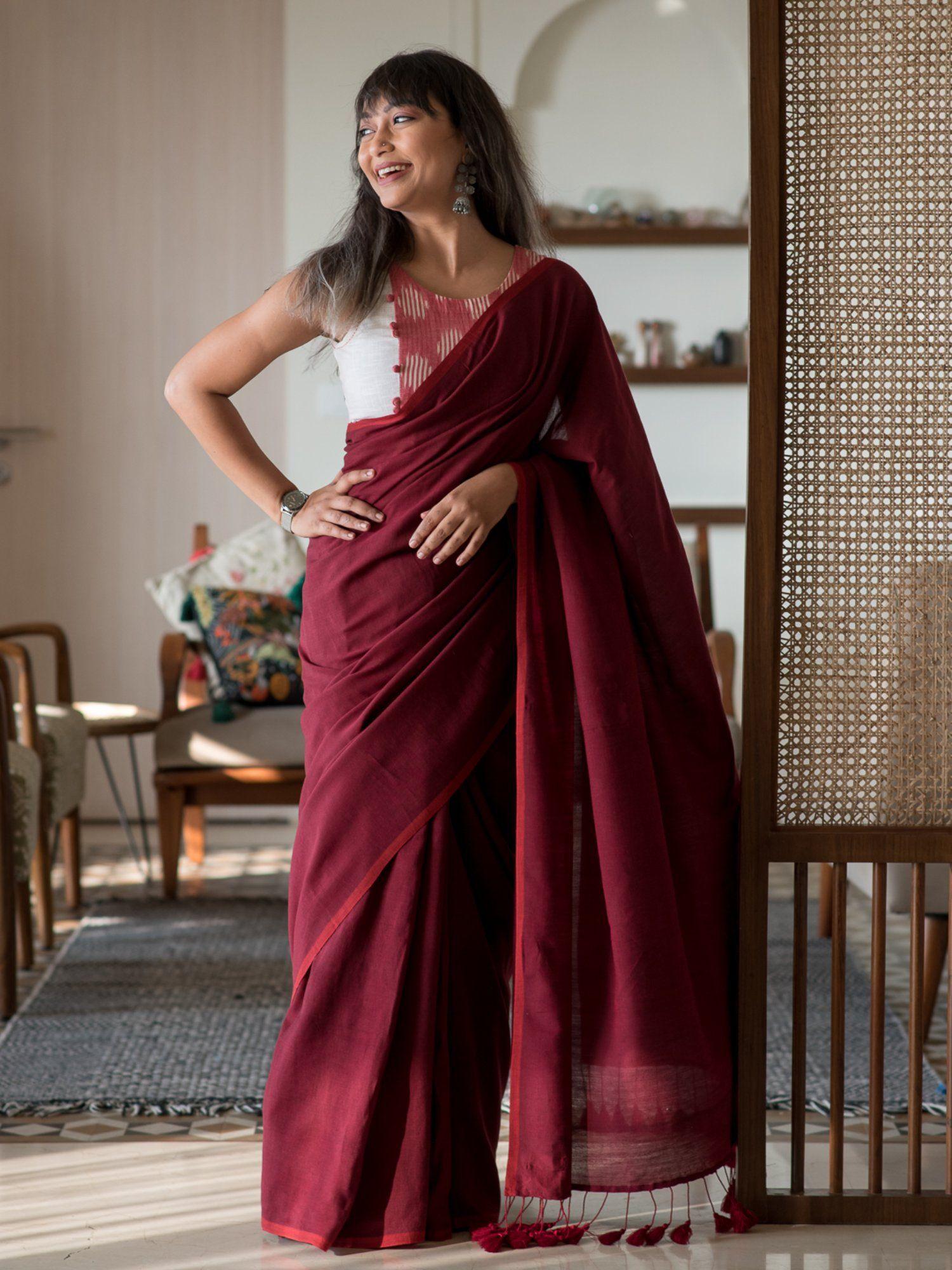 maroon solid cotton blend saree without blouse