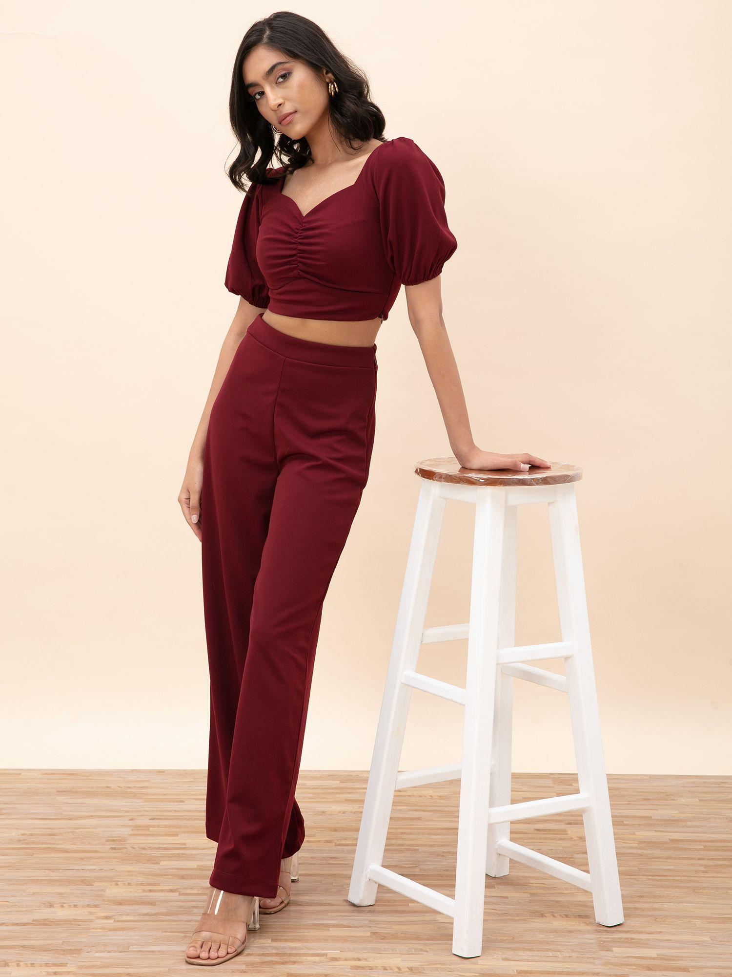 maroon solid crop top straight fit pants set of 2