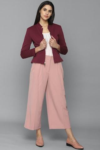 maroon solid formal full sleeves regular collar women regular fit blazer
