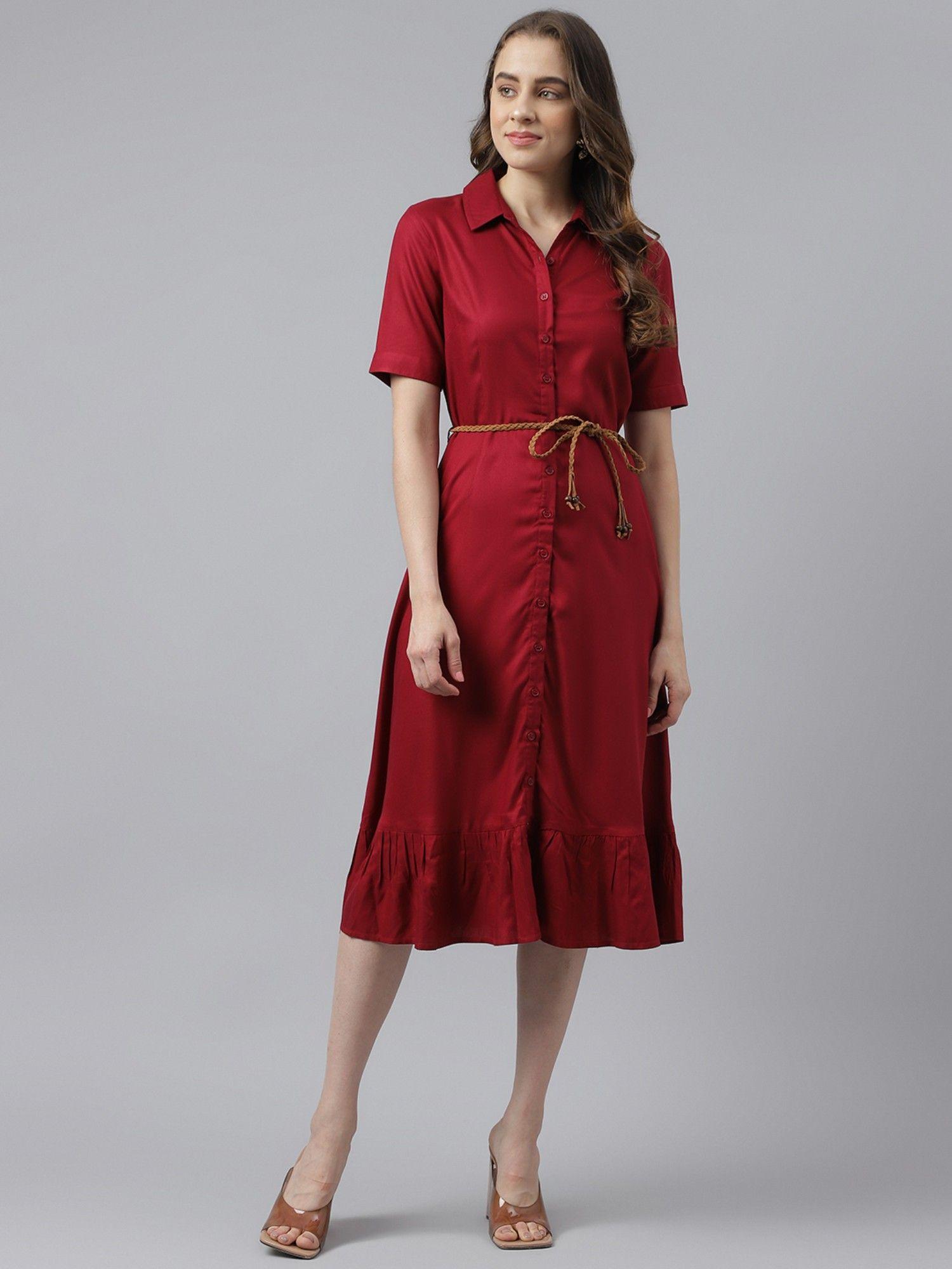 maroon solid half sleeves shirt dress with belt (set of 2)