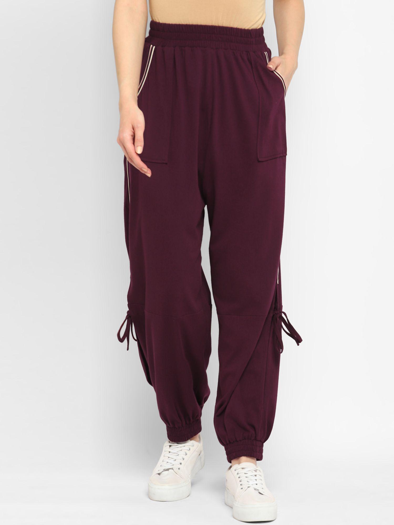 maroon solid jersey knit joggers for women