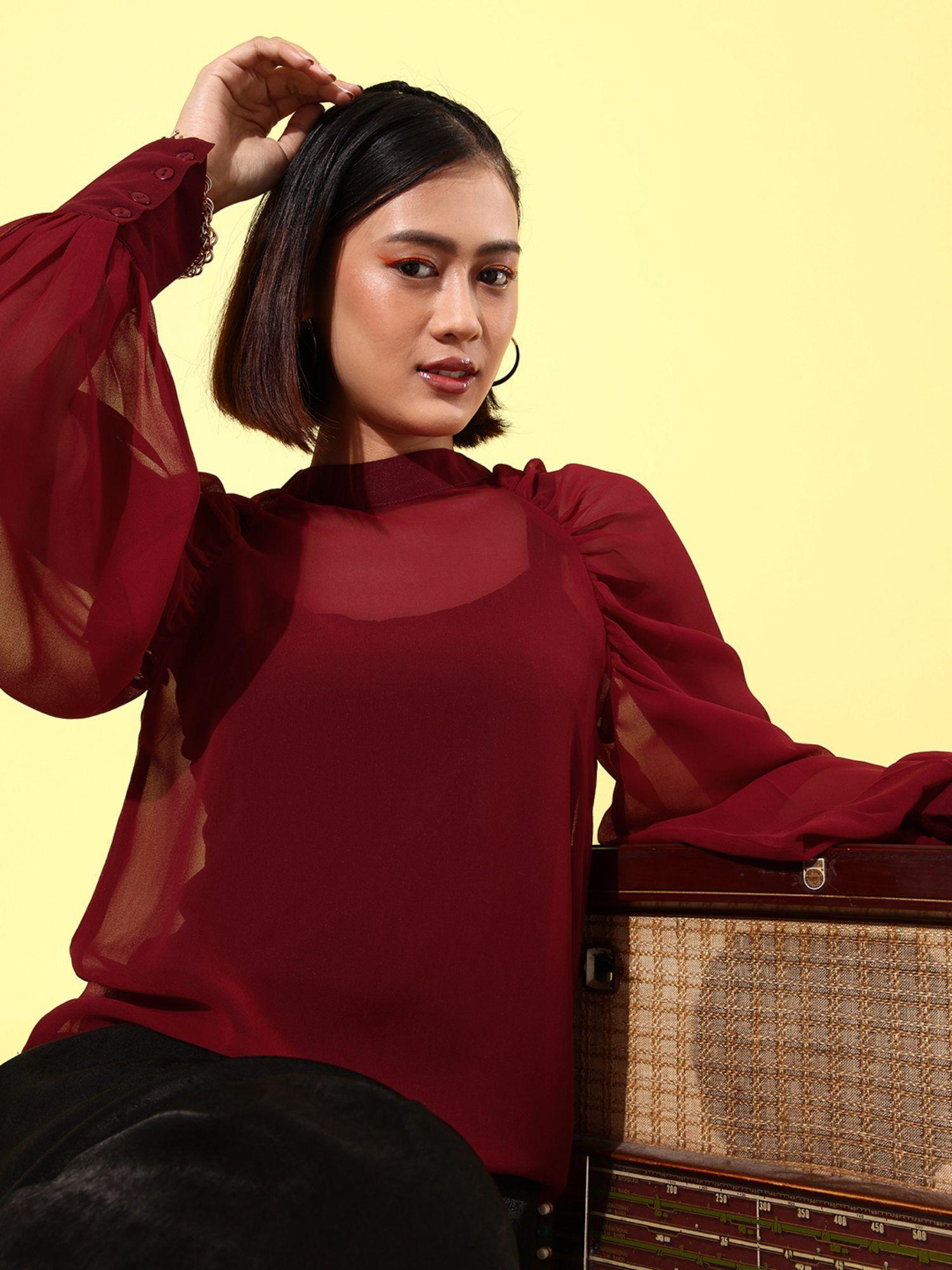 maroon solid long sleeves top