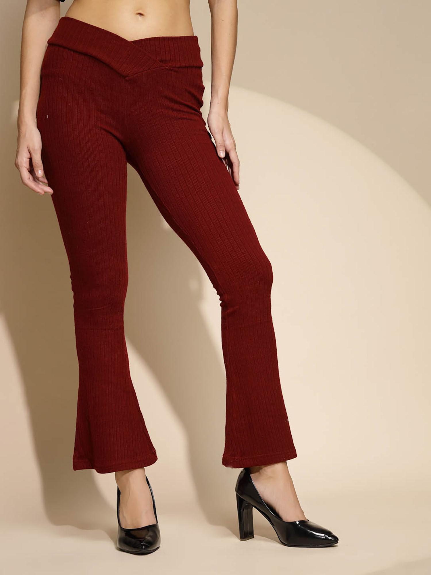 maroon solid low waist polyester trousers