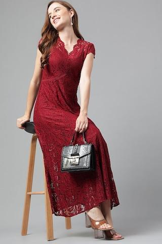 maroon solid maxi party women flared fit dress